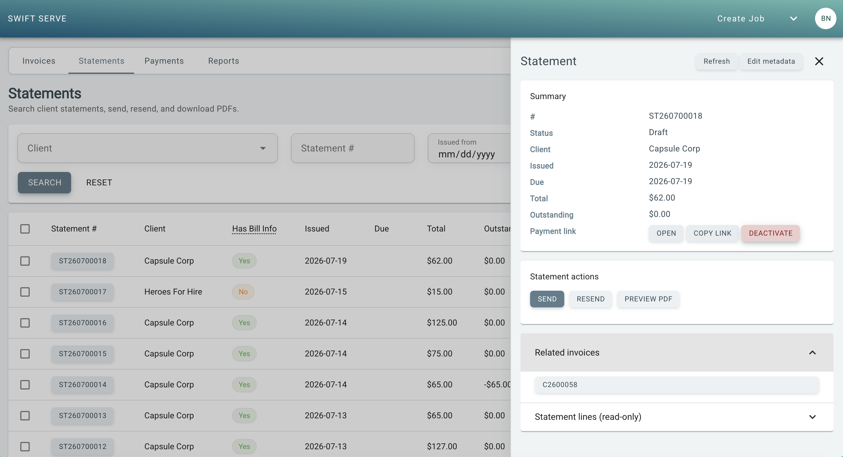 Swift Serve web dashboard — statements